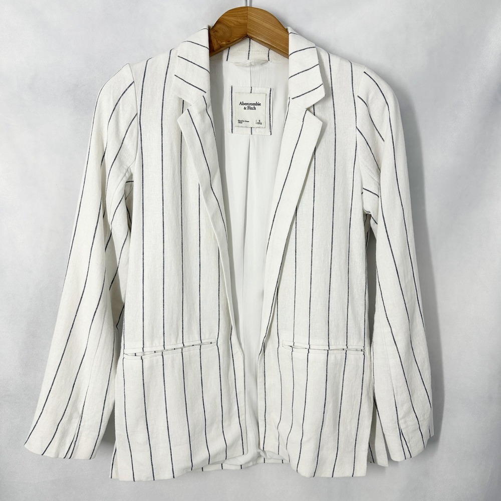 Abercrombie & Fitch Linen Pinstripe Long Sleeve White Blazer Womens Size Small - Picture 2 of 14